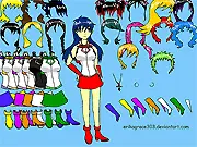 Yugioh GX Dress Up game showing a character model in one of the Duel Academy uniforms with a duel disk.