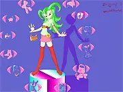 Screenshot of Paper Doll Creator online game showing a fully dressed custom paper doll character placed within a decorated background setting.