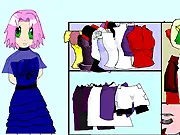 Screenshot of Sakura Dressup free online game showing the anime character Sakura Haruno with various ninja-themed and fashionable clothing items available for selection.