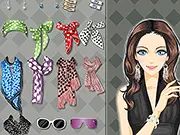 Polka Dots Scarves dress up game screen showing a stylish girl wearing an elegant outfit and a polka dot scarf tied around her neck