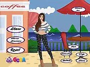 Roxanne's Cafe Visit free online game screenshot, showing Roxanne ready for a cafe visit and a selection of cool, casual clothing