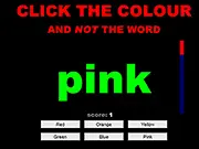 Colour Matcher brain game screenshot, showing the word 'BLUE' written in green text, demonstrating the conflict between the word and its color