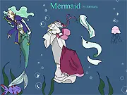 Mermaid Dress Up Doll game screenshot showing a mermaid character model and various fashion items like tails and shell accessories to choose from.
