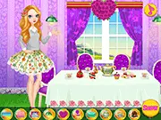 Tea Room Party game screenshot showing a girl in an elegant dress standing in a beautifully decorated room with a table set for tea