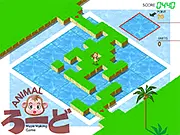 Screenshot of Monkey Bridge Escape game showing the monkey, land pieces, and a shark in the water