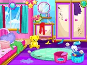 A clean, organized, and cozy room inside a detailed dollhouse after the cleanup is complete, featuring colorful furniture and a happy doll character, representing the free online game Beauty Doll's House Cleanup.