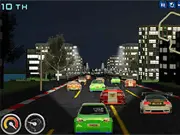 Night Drivin free online racing game screenshot showing a car speeding through a colorful, neon-lit city at night.