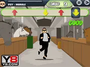 Oppa Gangnam Dance free online rhythm game screen showing arrows and button prompts over the character Psy performing the iconic 'Gangnam Style' dance.