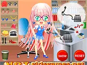 Screenshot of the Cute Assistant Style Dressup free online game, featuring the assistant Carol dressed in a cute professional office outfit, holding a colorful telephone.