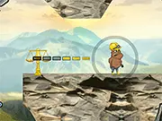 Gold Hunters free online game screenshot showing a pixelated platformer level with two characters and a gold nugget mid-toss.