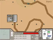 Desert Outpost Defense game screenshot showing a military base being defended by multiple turrets against an enemy convoy of tanks and trucks