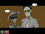Gameplay screenshot of the free online interactive story game Zombie Society 2 showing Detective Margh and other zombie characters in a comic panel style.