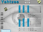 Screenshot of the Yahtzee! free online dice game, showing five dice, a dice cup, and the classic scorecard with spaces for combinations like Yahtzee, Full House, and Straights.