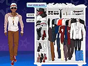 Screenshot of Model Boy Dress Up game showing a male model character in various stylish clothes, hair, and accessories