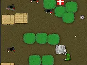 Frontal Assault top-down shooter game: Action scene with soldiers, cover, and gunfire