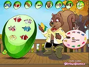 An adorable dressed-up squirrel named Sally Squirrel standing in a forest setting in the free online game.