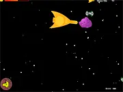 Screenshot of Asteroid Rampage II free online game, showing a large asteroid crashing into several small attacking spaceships