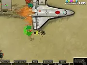 Screenshot of Alien Trench game showing an astronaut defending a crashed space ship against a horde of alien creatures moving from the right.
