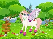 Sweet Pony Dress Up game screenshot showing a colorful pony with wings and accessories, free online fashion game, customize your pony