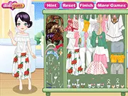 A stylish woman standing in a flower shop, dressed in a pretty outfit, surrounded by fresh flowers