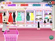 Princess Elsa at a shopping mall during a discount season, holding shopping bags and looking for new dresses and shoes.