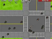 A lone survivor character fighting off a massive crowd, or horde, of zombies using a powerful machine gun in an action-packed, top-down view.