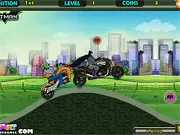 Screenshot of Batman Gotham Race game showing Batman on his Batbike, using a nitro boost to race against the Joker through the city streets.
