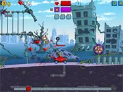 Gameplay screenshot of the monster car in Car Eats Car 3: Twisted Dreams racing across a spiked track and attacking an enemy clown car with a bomb.