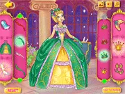 Screenshot of Cinderella Dress Up game showing the princess wearing an elegant ball gown and glass slippers