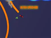 Screenshot of Drawn Car Chaos free online game, showing a car driving and narrowly avoiding its own fiery trail on the screen, collecting pickups