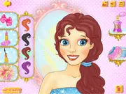 Cinderella Makeover free online game screenshot showing a princess receiving a hair treatment and makeup application, transforming her look before the ball.
