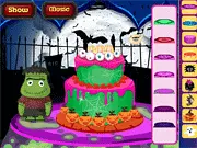 A Halloween cake decorated with blood-red frosting, a large ghost topper, and tiny candy eyeballs in the Spooky Cake Deco online game.