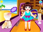 Screenshot of the Baby Milkshake Maker free online game showing a baby happily making a strawberry milkshake with ingredients like milk, ice cream, and strawberries