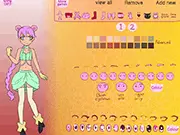 The finished screen of the Tokyo Mew Mew Character Creator showing a custom magical girl character with a pink outfit, large bow, cat ears, and a stylish anime hairstyle.