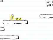 Screenshot of Scribble Dash showing a small black character running and double jumping over a large gap on a hand-drawn, scribbled platform.