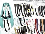 Vocaloid Dress Up 2 game showing a Vocaloid character model standing ready to be dressed, surrounded by menus of various clothes and accessories. Free anime fashion game.