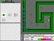 Screenshot of Pixel Tower Defense game showing various pixelated defense towers battling waves of enemy pixel tanks on a green map - play free online strategy game