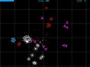 Screenshot of the Vectors arcade shooter game, showing a small geometric player ship firing upon a large swarm of abstract, neon-colored enemy shapes.