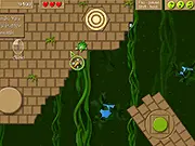 Screenshot of Rich Adventure showing a small turtle character jumping over a spike pit while collecting sparkling jewels.