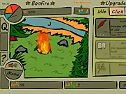 The main screen of Bonfire Idle showing a large, blazing bonfire with resources and upgrade menus surrounding it