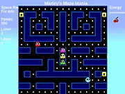 Marley's Maze Mania game screenshot showing a character moving through a blue maze grid, avoiding four colored ghost enemies. The game is a free online arcade title.