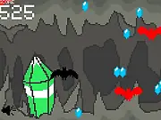 Screenshot of Cave Madness, an action-packed free online shooter game, showing a bat character aiming a weapon at a group of flying red bat enemies in a dark cave setting.