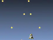 Screenshot of Jump to the Stars free online game, showing a small hero character leaping high between colorful platforms toward bright stars in the night sky.