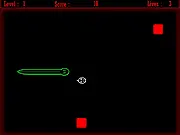CyberSnake Arcade Online game screenshot showing a long, segmented snake body moving within a dark, neon-lined maze with a yellow dot (mouse) on a platform