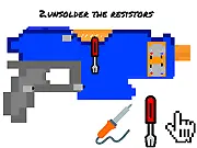 Screenshot of Modify a Nerf Stryfe Simulation showing the internal view of the blaster with a virtual screwdriver and soldering iron tool icons.