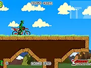 Screenshot from the Moto Cros Extreme Stunts game showing a dirt bike rider performing a backflip trick high in the air over a large ramp on a motocross track.