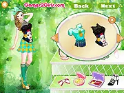 Two models showcasing vibrant and bold Pop Art inspired outfits with bright colors and sharp textures on a catwalk in the free online game Pop Girls
