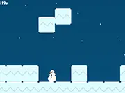 Screenshot of The Snowman Challenge showing a small snowman character jumping on a stack of irregularly shaped blue and white falling blocks.