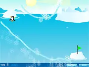 Penguin Line March gameplay screenshot showing a line drawn to guide a small penguin character toward a flag in a free online drawing puzzle game.