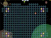 Sector free online game screenshot, small spaceship navigating a narrow path between a red laser and enemy cocoons